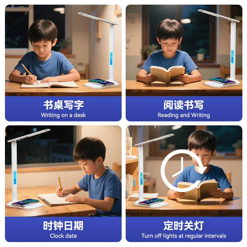 Folding desk lamp for study, multifunctional LED Eye Protection Lamp Desktop Smart15W Wireless Charging Reading Light Alarm Clock