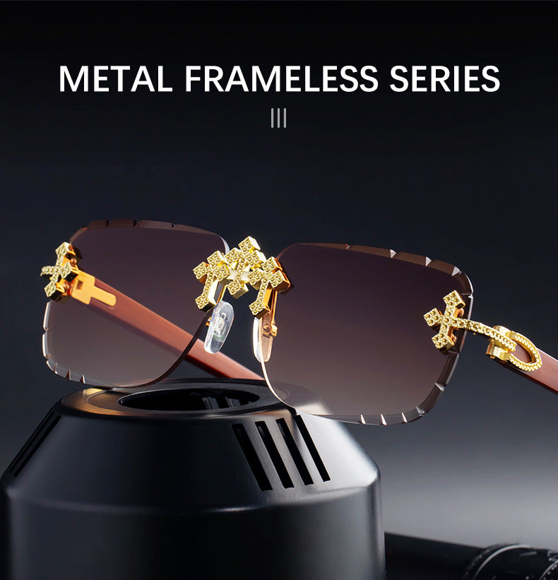 2025New European and American Retro Frameless Sunglasses for Men with Diamond Cut Edge and Imitation Wood Grain Temples Wholesale