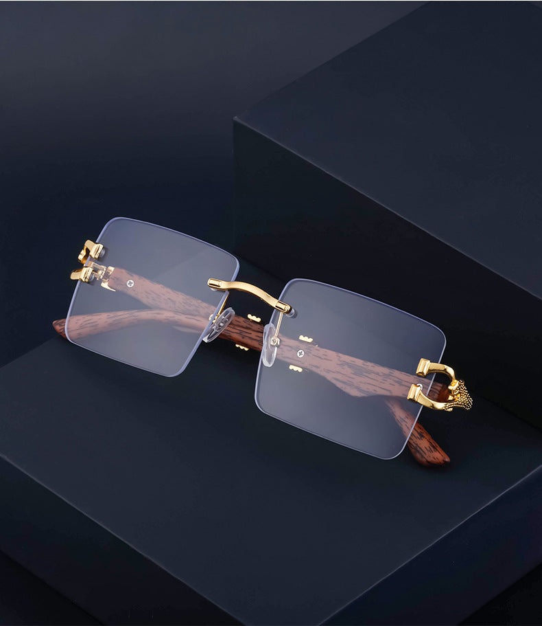 Vintage Rimless Sunglasses for Women with Leopard Wood Grain Temples, Square Frame Sunglasses for Men, Trendy Eyewear shades