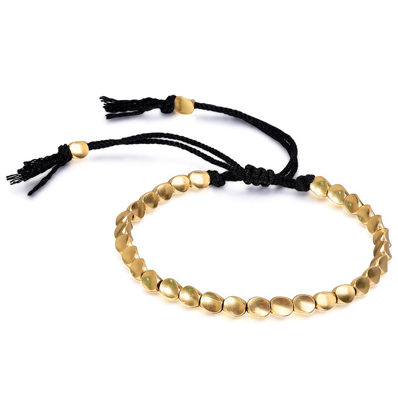 Women's Braided Rope Bracelet with Irregular Copper Beads, European and American Style, Adjustable Tassel Bracelet