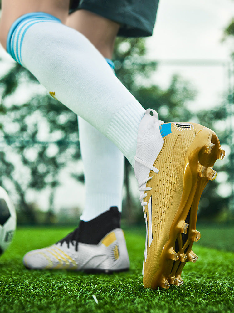 High-top Unisex Youth Soccer Shoes with Broken and Long Spikes for Grass Field Competition Training Student Sports Shoes