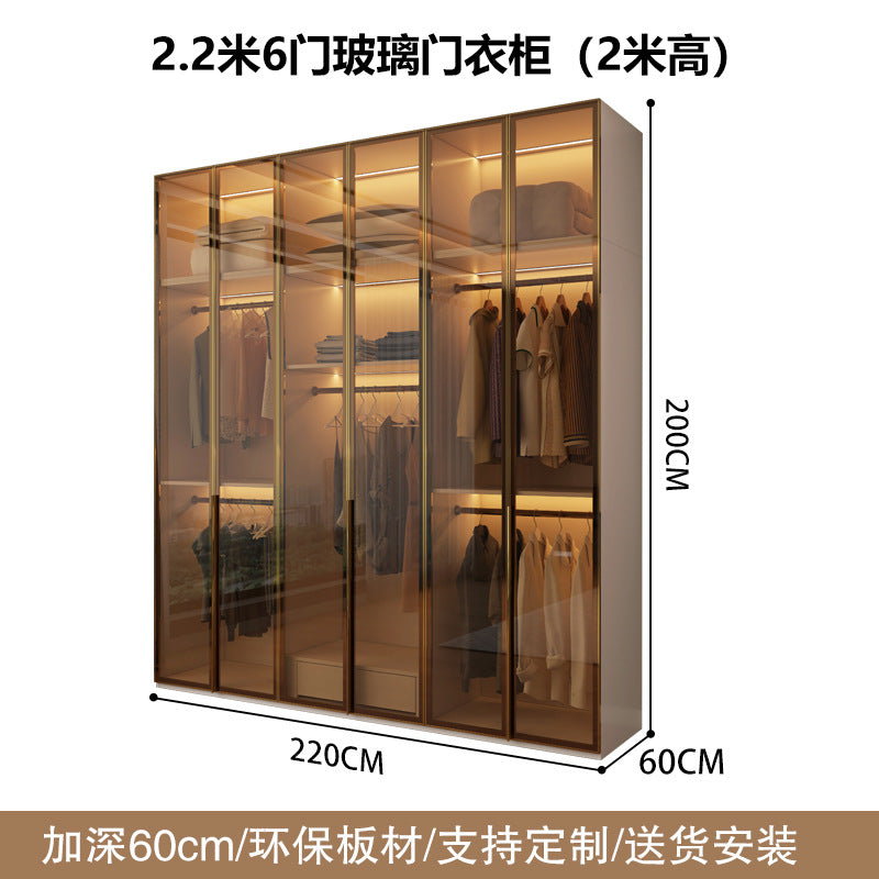 Glass Door Wardrobe with Lights, Solid Wood, Home Bedroom, Modern Simple European Pine Board, Cream Color, Skin Feel Storage, Large Wardrobe