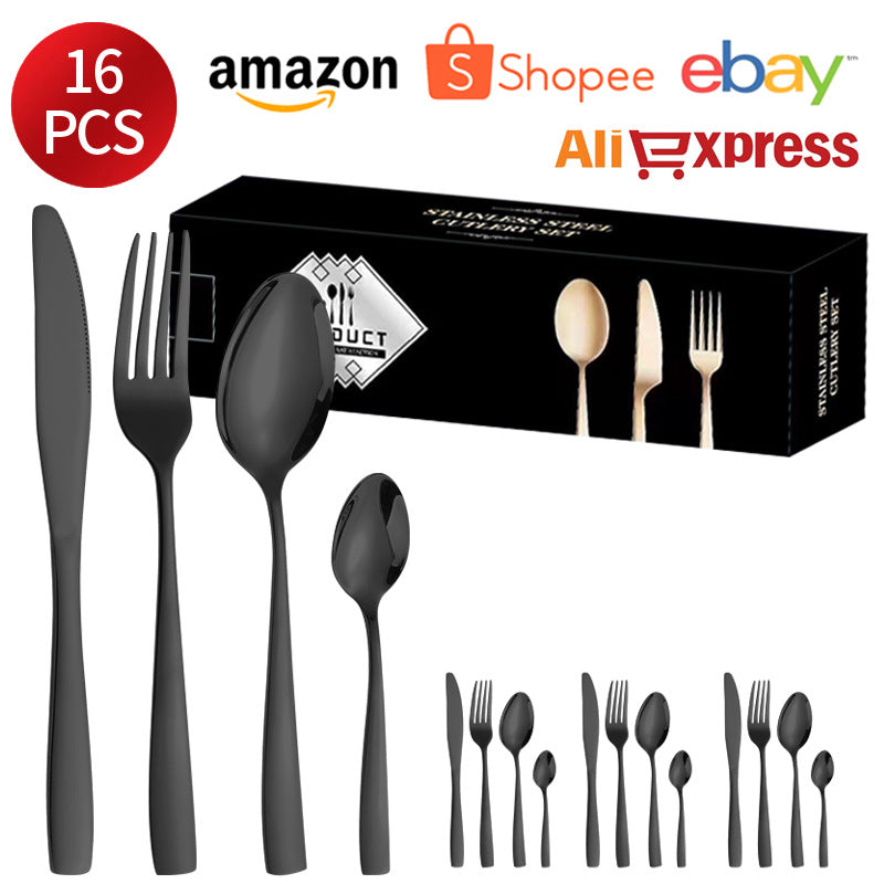 410Stainless Steel Tableware24Set of Hotel Western Dining Square Handle Steak Knife, Fork, Spoon, Tea Spoon