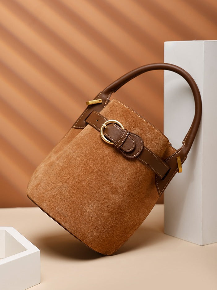Frosted Leather Bucket Bag Genuine Leather Korean Style Versatile Niche Design Light Luxury Handbag Single Shoulder Crossbody Women's Bag Large Capacity