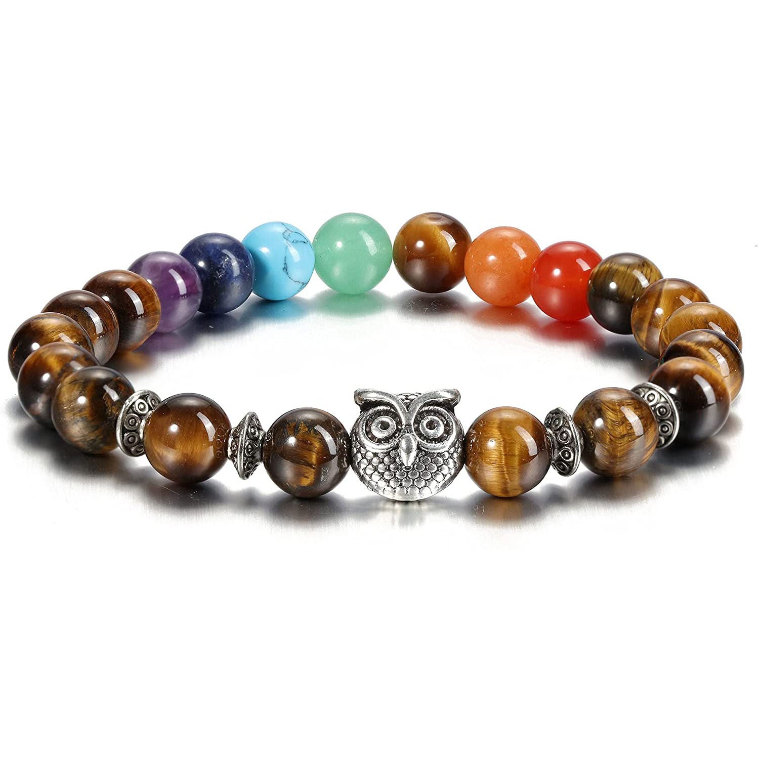 Colorful Tiger Eye Owl Bracelet Natural Stone8mm Bead Spacer Bracelet Volcanic Pink Crystal Owl Bracelet
