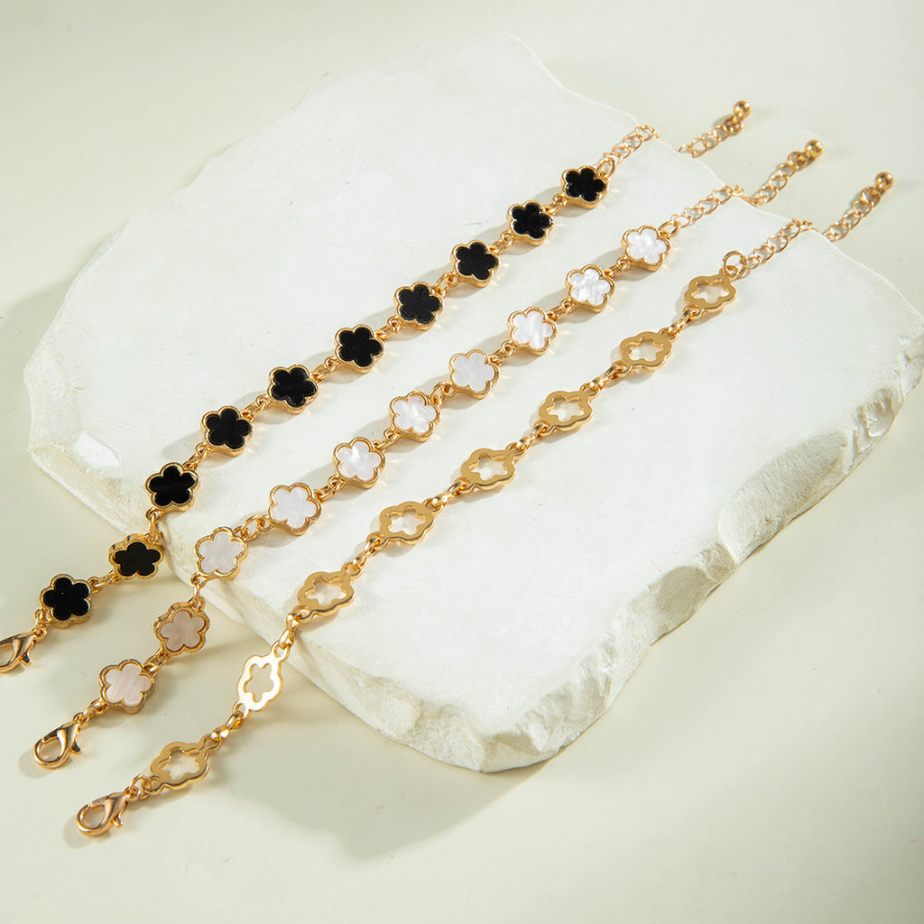 European and American Fashion Alloy Inlaid Diamond Five-Leaf Clover Bracelet Jewelry Three-Piece Set Simple Geometric Smooth Bracelet Wholesale