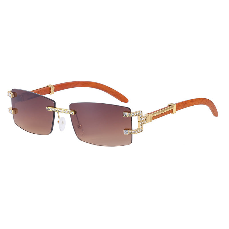 Imitation Wood Grain Leg Retro Sunglasses for Men Fashion Trend Diamond-Studded Rimless Sunglasses Men's Sun Protection Square Frame Glasses Street Style