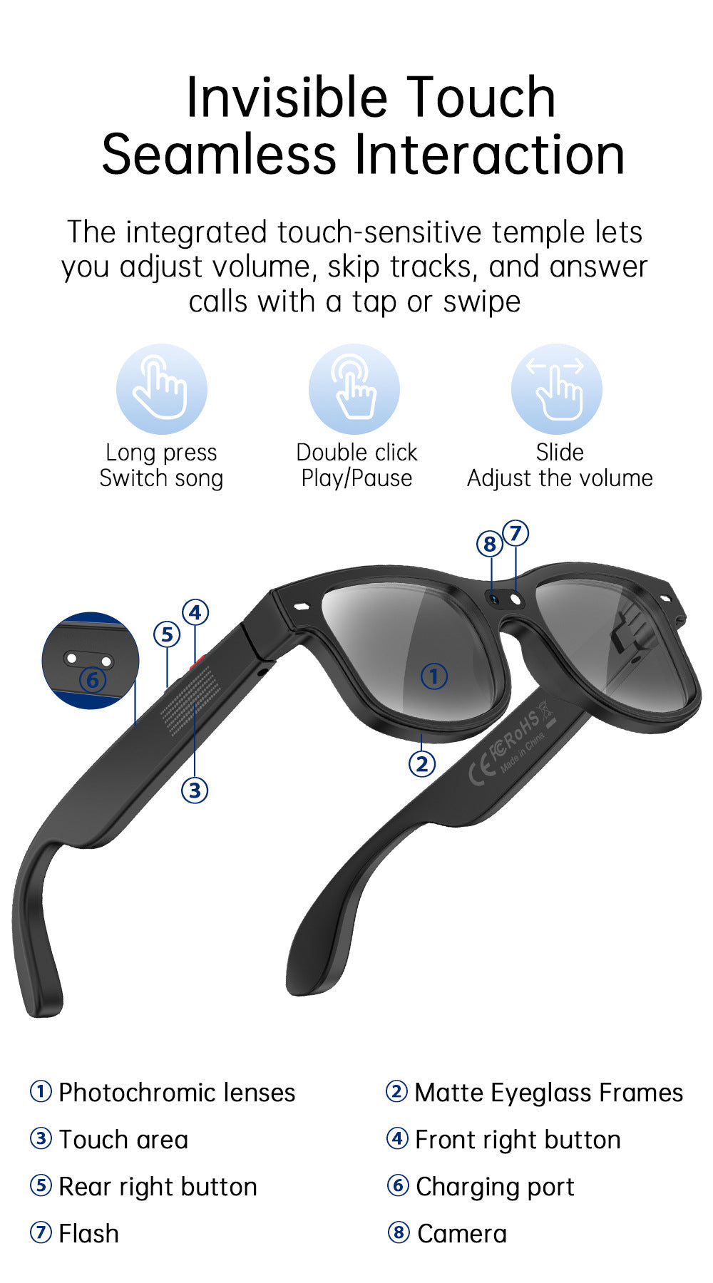 AIMB-G3Smart Glasses800100 Megapixel Camera Ai Simultaneous Translation Recognition1200P Video Recording Audio Recording