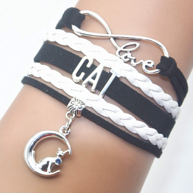 Multi-layer Hand-woven Bracelet for Women Gift with Rhinestone Little Cat CAT Letter Bracelet Moon Cat Braided Bracelet
