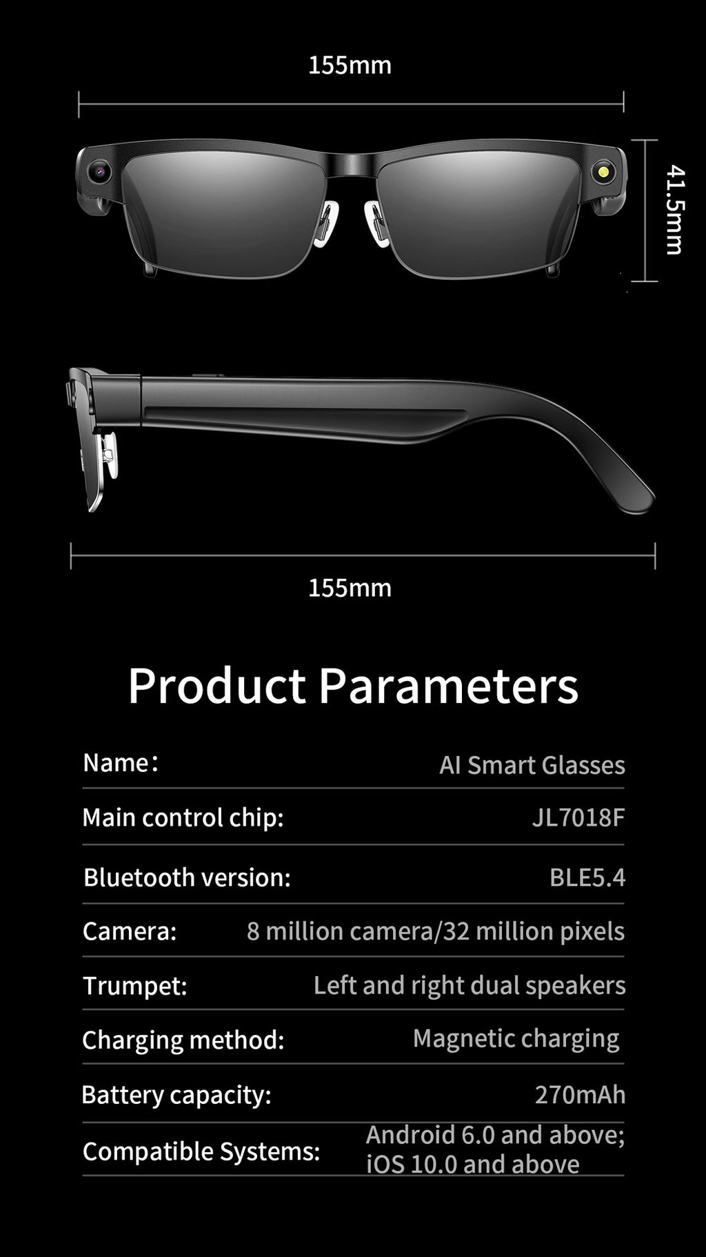 L802Smart Glasses800100 Megapixel Camera with Image Stabilization1200P Video Recording Half Frame Color Changing Sunglasses Translation