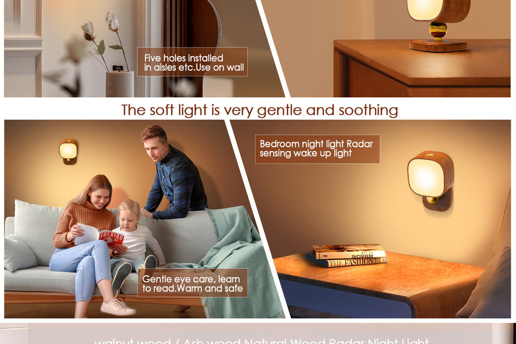 Square Solid Wood Sensor Light New Creative Cabinet Light Bedside Bedroom Smart LED Radar Human Body Night Light