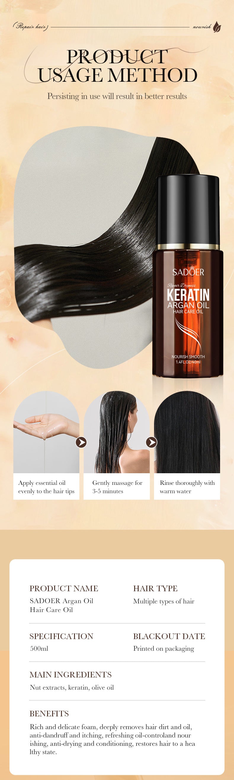 Full English Nut Oil Hair Care Essential Oil80mlSADOER Smooth and Frizz-Reducing Conditioner  Wholesale