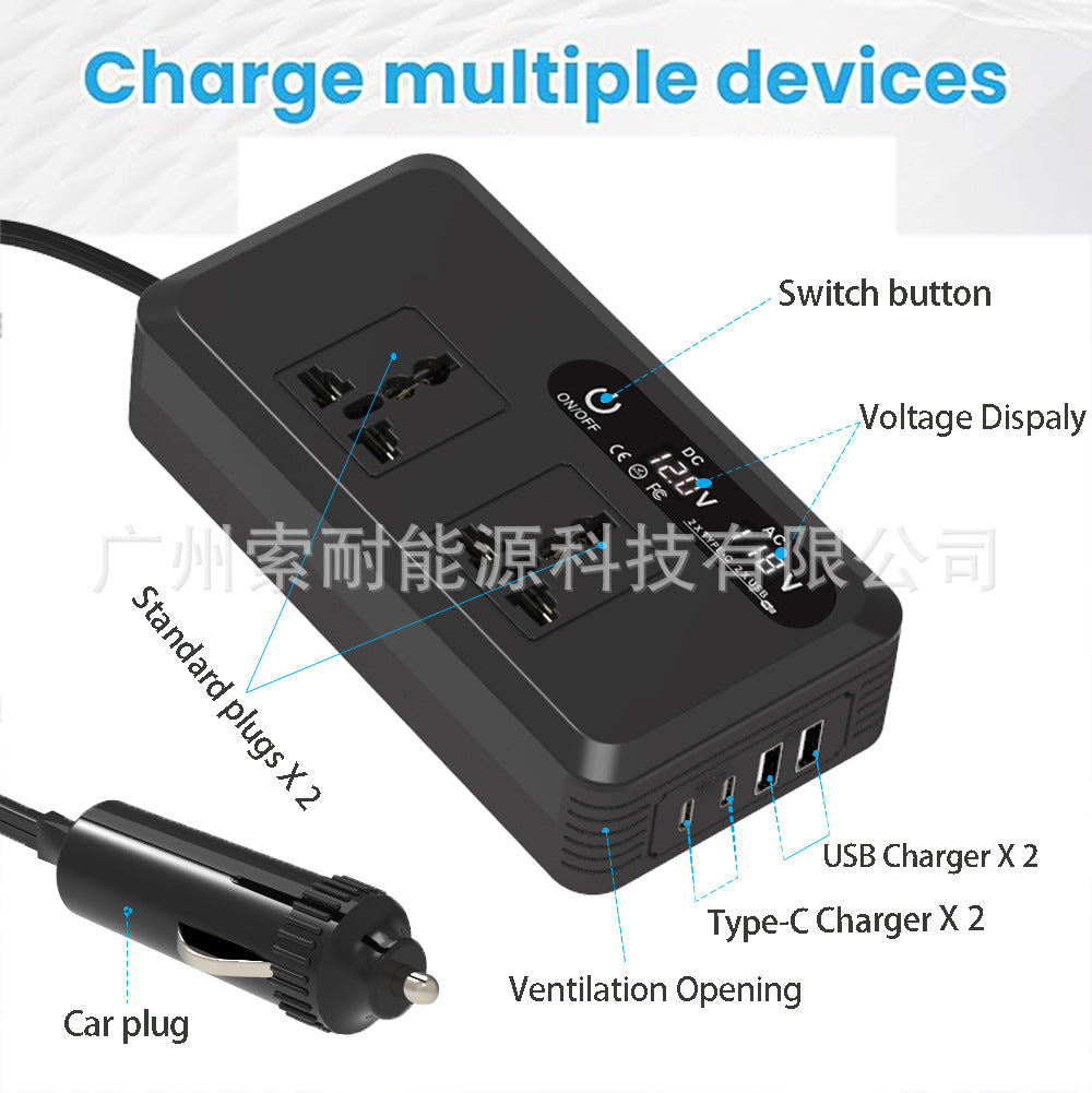 Universal Socket Car Inverter200W Hot Sale12V Turn110V/220V Double USB Double Type-C