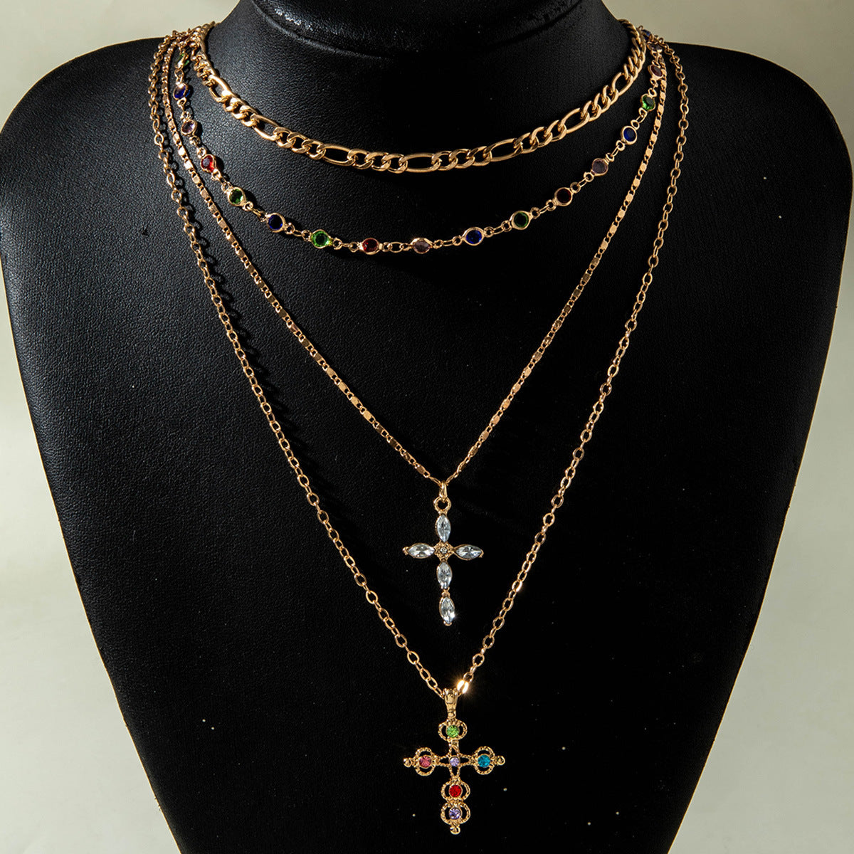 European and American Retro Hollow Diamond Cross Pendant Necklace Gothic Style Black Layered Wear Y Type Necklace