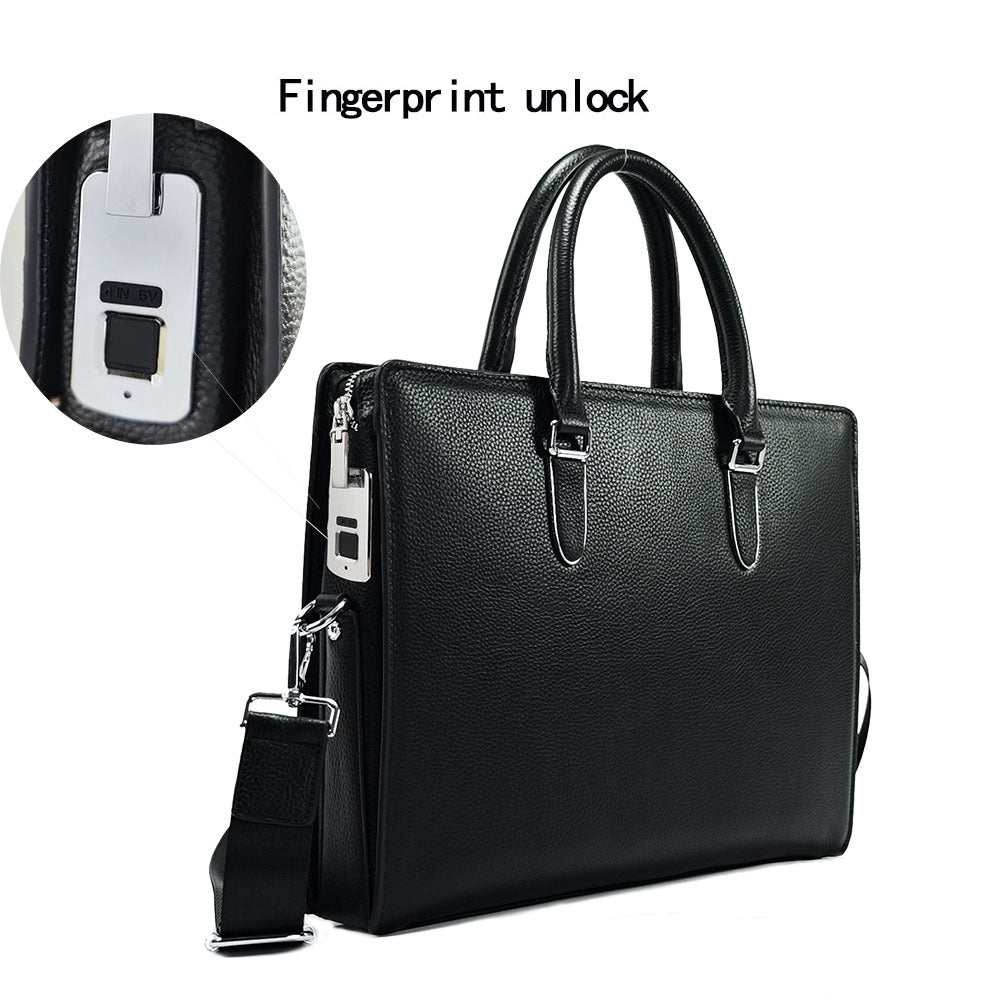 Business Trip Fingerprint Lock Handbag Men's Top Layer Cowhide Large Capacity High-end Feel Men's Business Commuting Genuine Leather Briefcase
