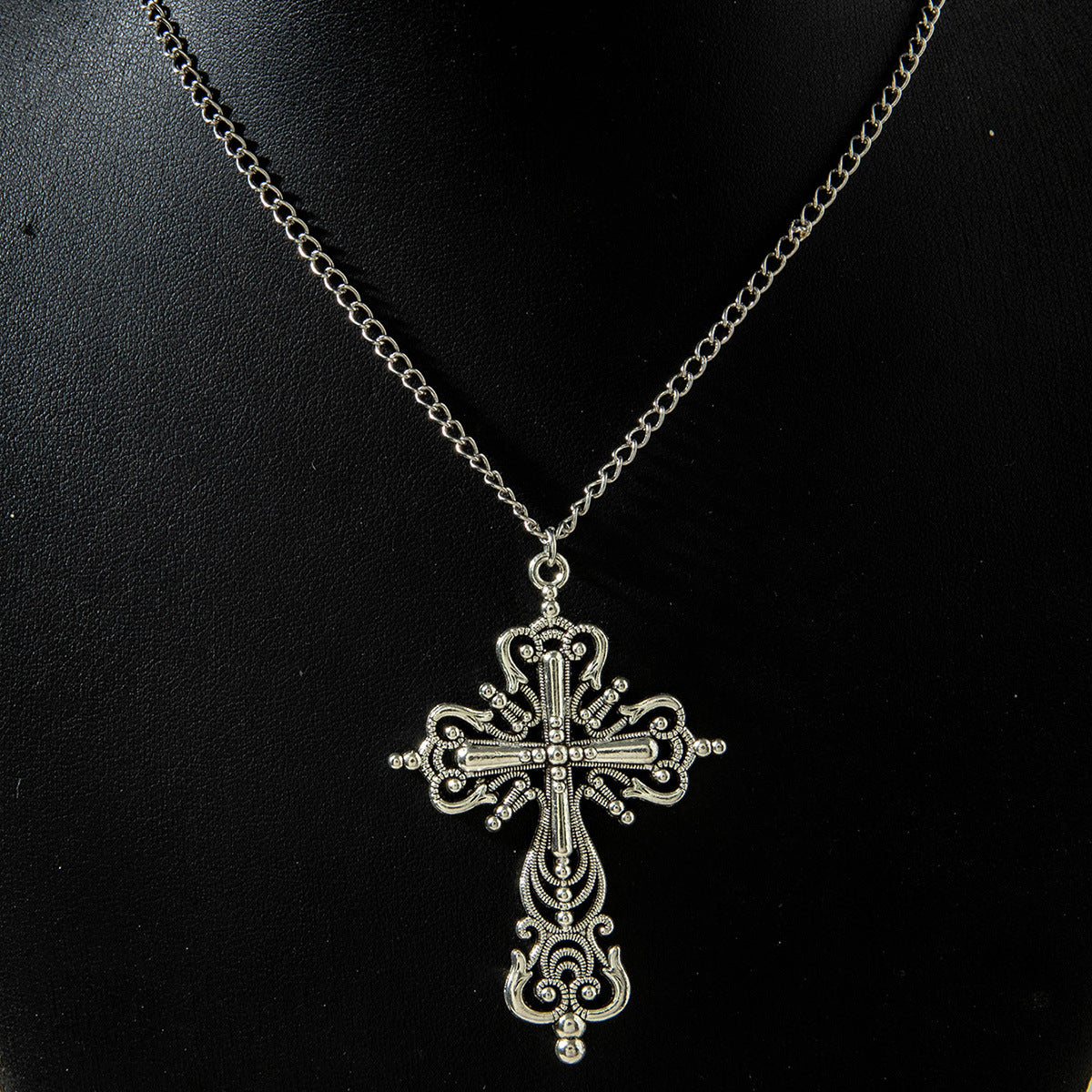 European and American Retro Hollow Diamond Cross Pendant Necklace Gothic Style Black Layered Wear Y Type Necklace