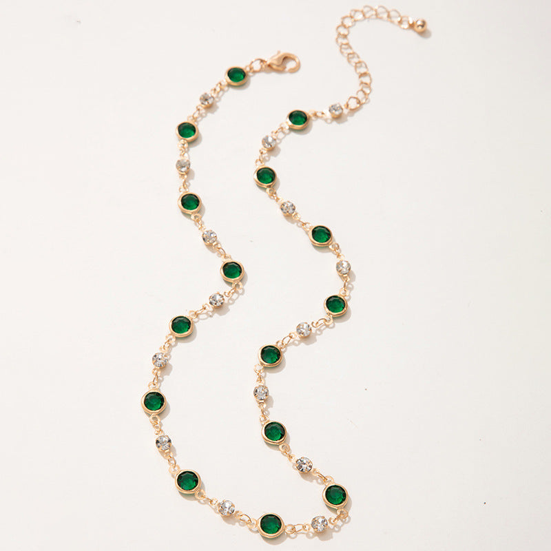 European and American New Style Green Zircon Niche Personality Retro Inlaid Diamond Short Necklace Collarbone Chain Choker chocker Female