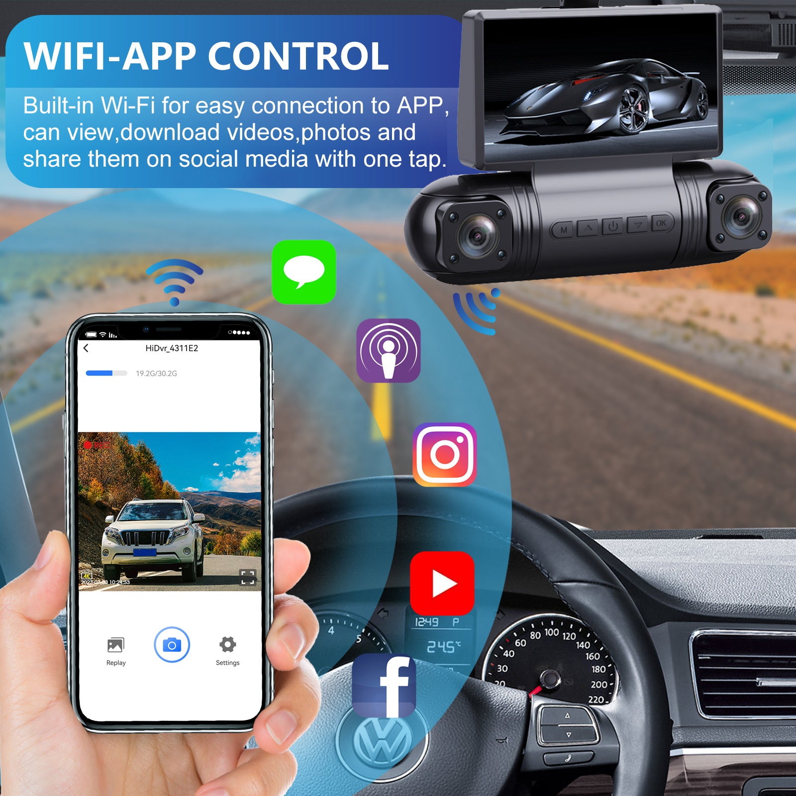 4Lens360Degree2k Ultra-high-definition infrared car night vision dashcam with reversing camera wifi Interconnection