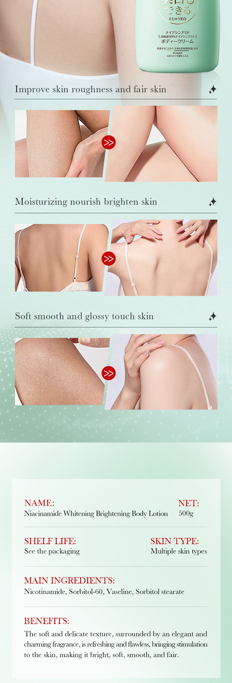 Cross-border Niacinamide Whitening Body Lotion500g Brightening Skin Body Cream Foreign Trade Skin Care Products Manufacturer Wholesale