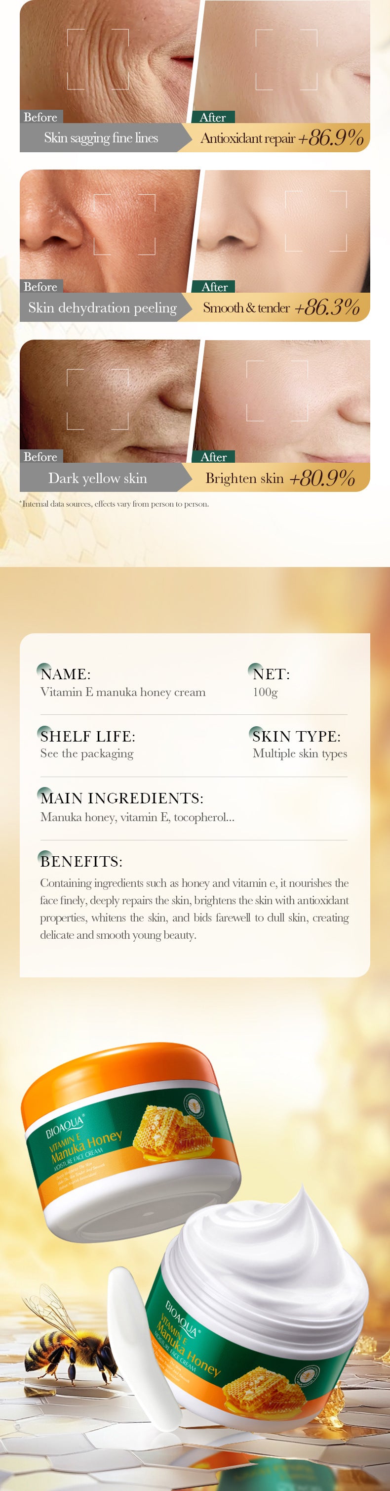 Vitamin E Manuka Honey Face Cream BIOAOUA Moisturizing and Nourishing Face Cream Cross-Border Wholesale