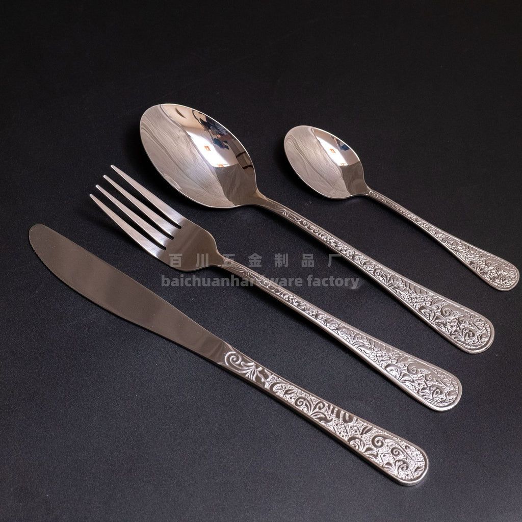 Phoenix Series Knife, Fork, and Spoon Stainless Steel Cutlery Set Five-Piece Retro Relief Pattern Western Steak Knife and Fork