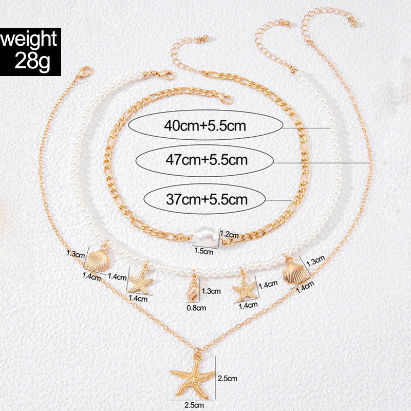 Jewelry Beaded Necklace Beach Imitation Pearl Necklace Starfish Shell Retro Vacation Small Multi-layer Necklace for Women