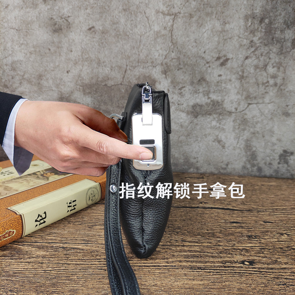 Anti-theft Fingerprint Lock Clutch Bag Men's Pure Top Layer Cowhide Business Casual Genuine Leather Handbag Anti-theft Lock Buckle