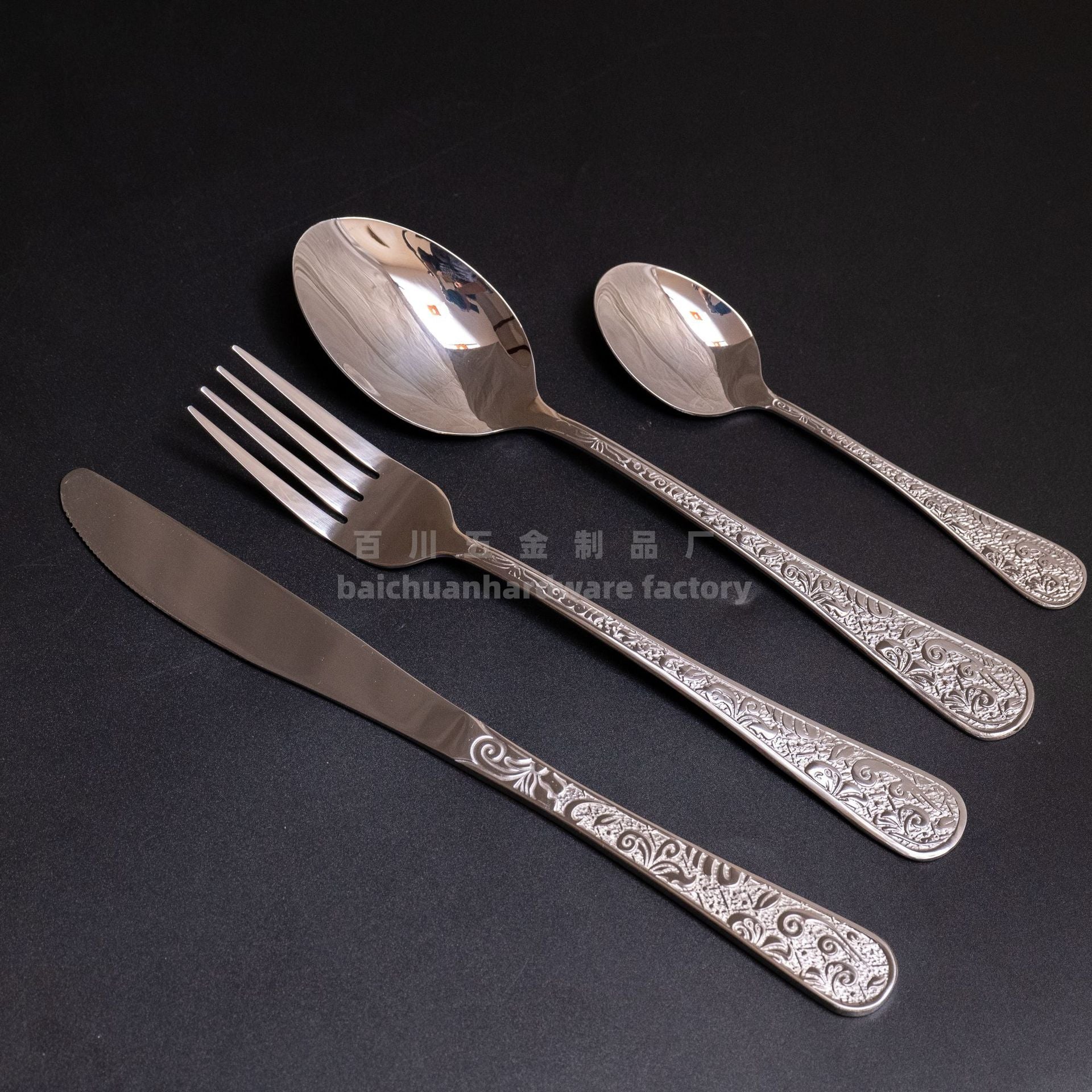 Phoenix Series Knife, Fork, and Spoon Stainless Steel Cutlery Set Five-Piece Retro Relief Pattern Western Steak Knife and Fork