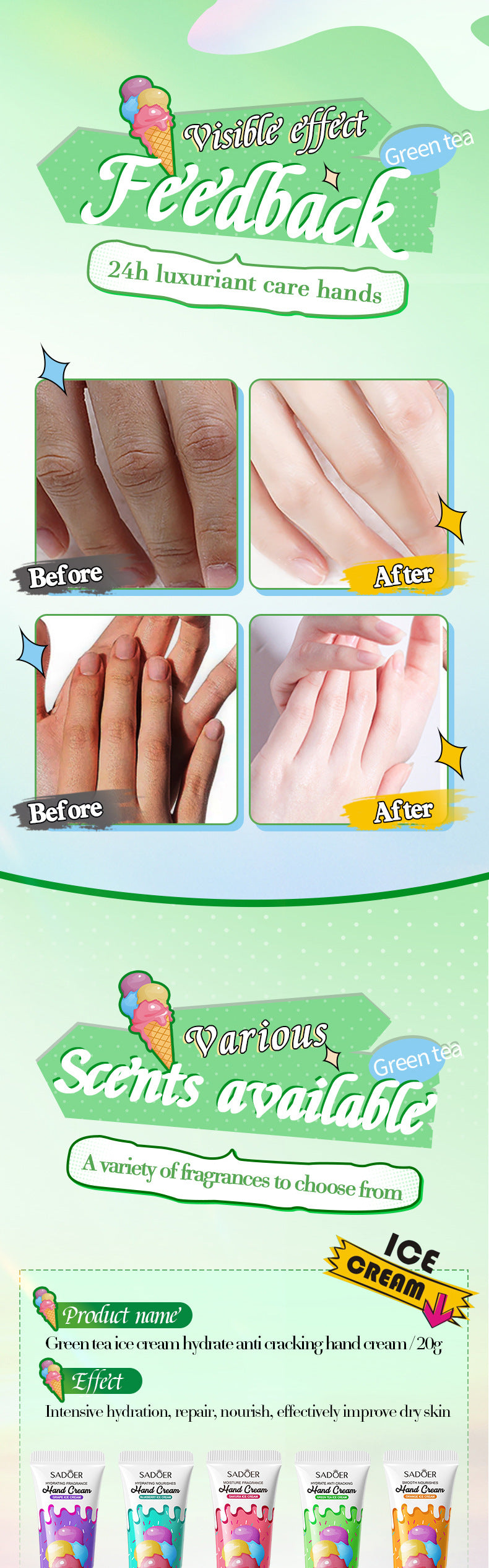 Green Tea Ice Cream Hydrating Hand Cream SADOER Autumn and winter hand cream cross-border foreign trade wholesale