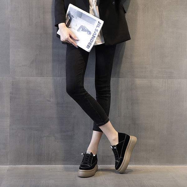 Thick-Soled Height-Increasing Women's Shoes Spring New Style Platform Shoes Slip-On Petite Casual Shoes Versatile Black