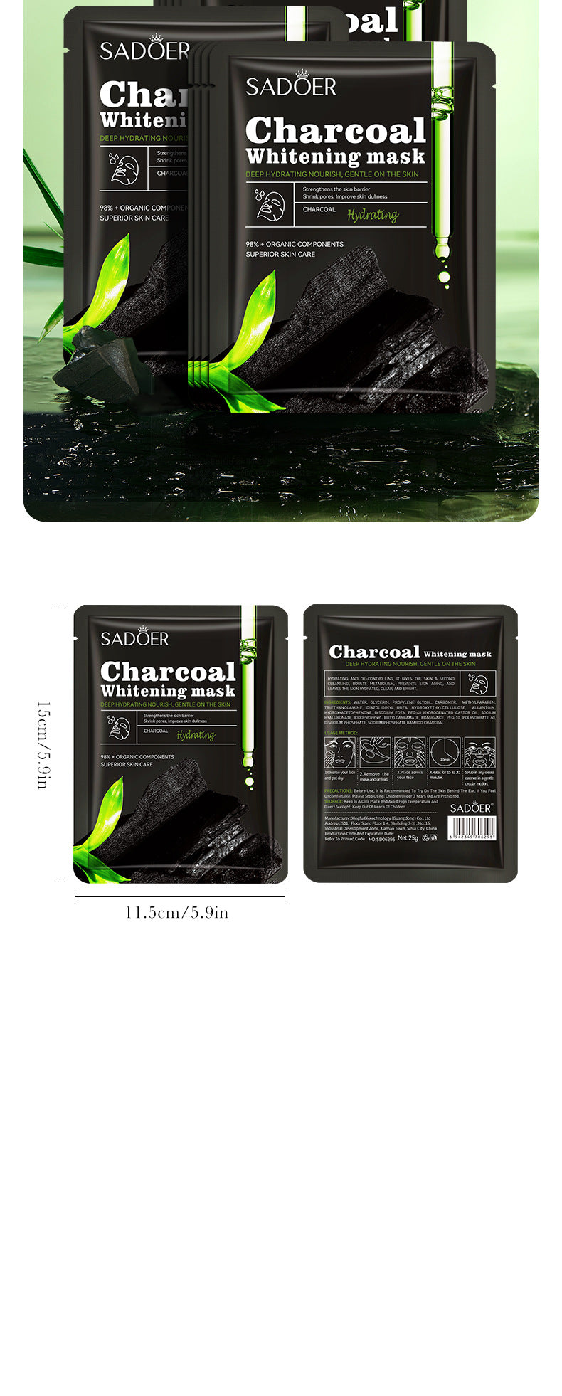 Full English Bamboo Charcoal Black Mask SADOER Whitening, hydrating, moisturizing, brightening face mask sheet  wholesale