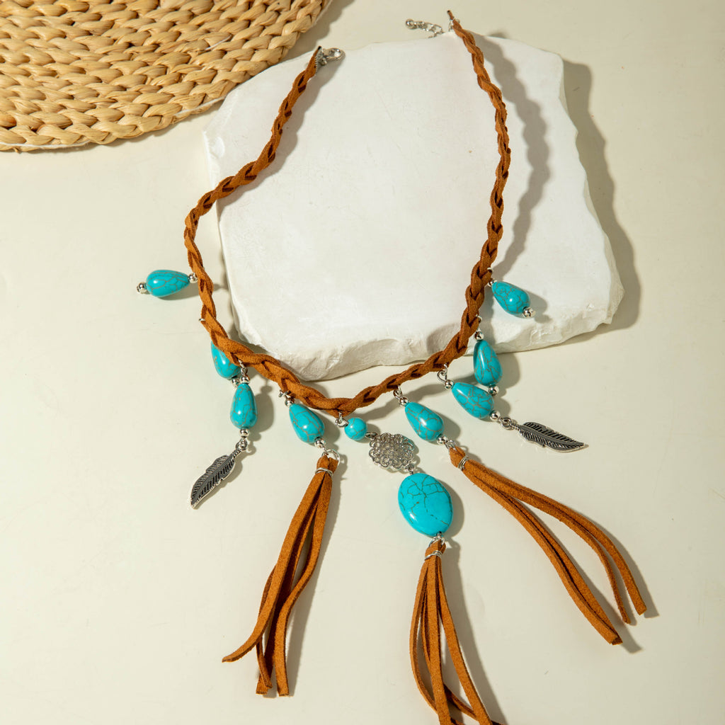 European and American Retro Turquoise Pendant Sweater Chain Design Heart-shaped Women's Autumn Winter Long Tassel Y Type Necklace