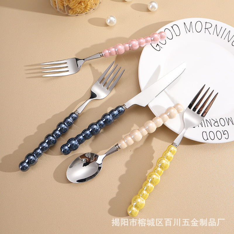 Pearl Ceramic Handle Knife European Style Set Light Luxury Nordic Style304Stainless Steel Western Cutlery Knife Fork Spoon INS