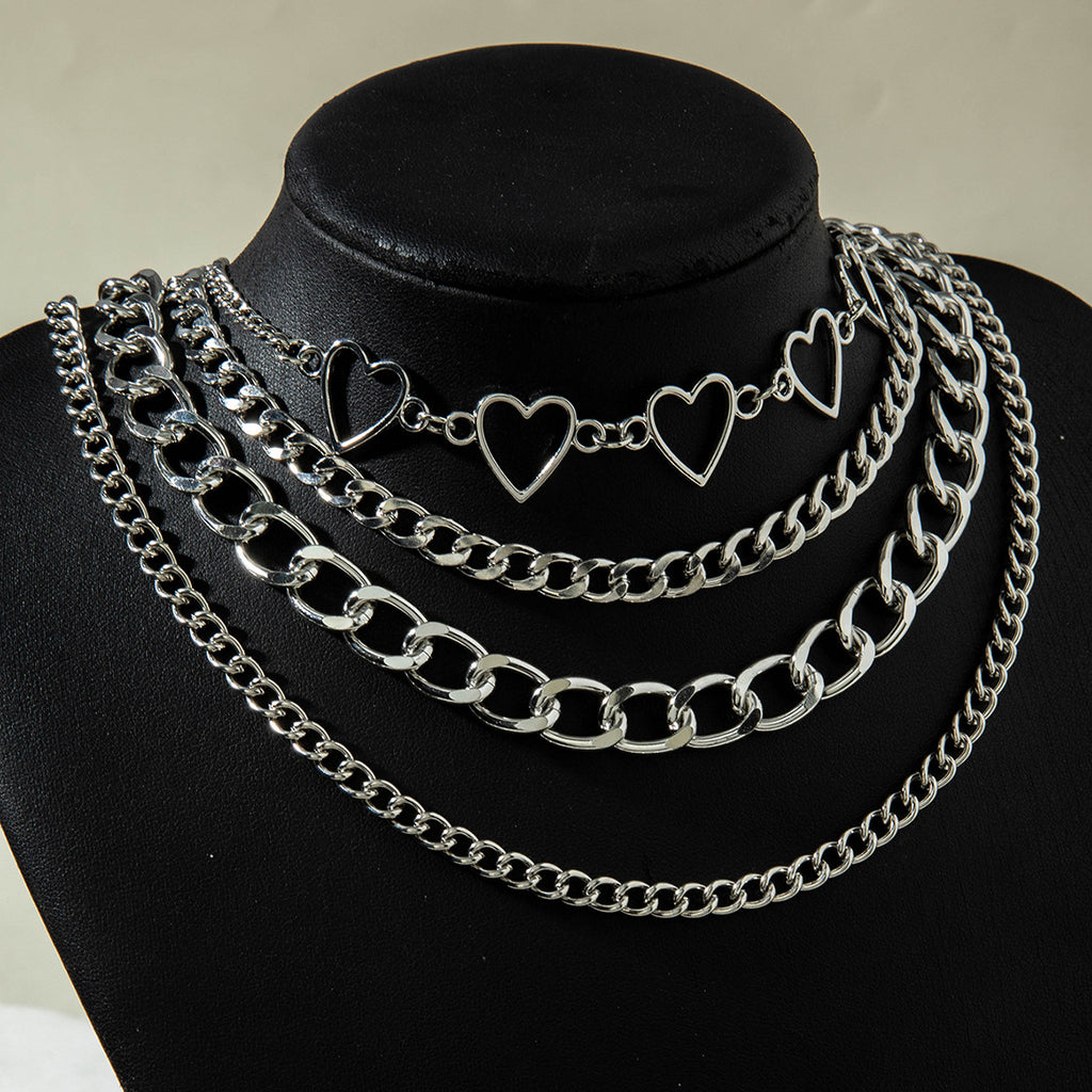 European and American Style Jewelry Hip-Hop Personality Geometric Exaggerated Necklace Heart-shaped Flat Thick Chain Hollow Multi-layer Necklace Wholesale