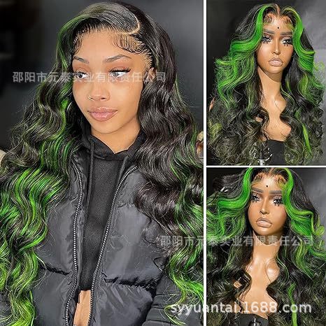 Highlight Green Body Wave Wig Skunk Stripe Lace Front Wig