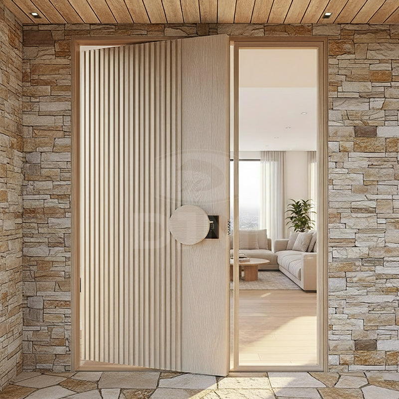 Solid Core Solid Wood White Oak Pivot Door Modern Exterior Villa Front Entry Door with Large-size Laminated Glass Side Window