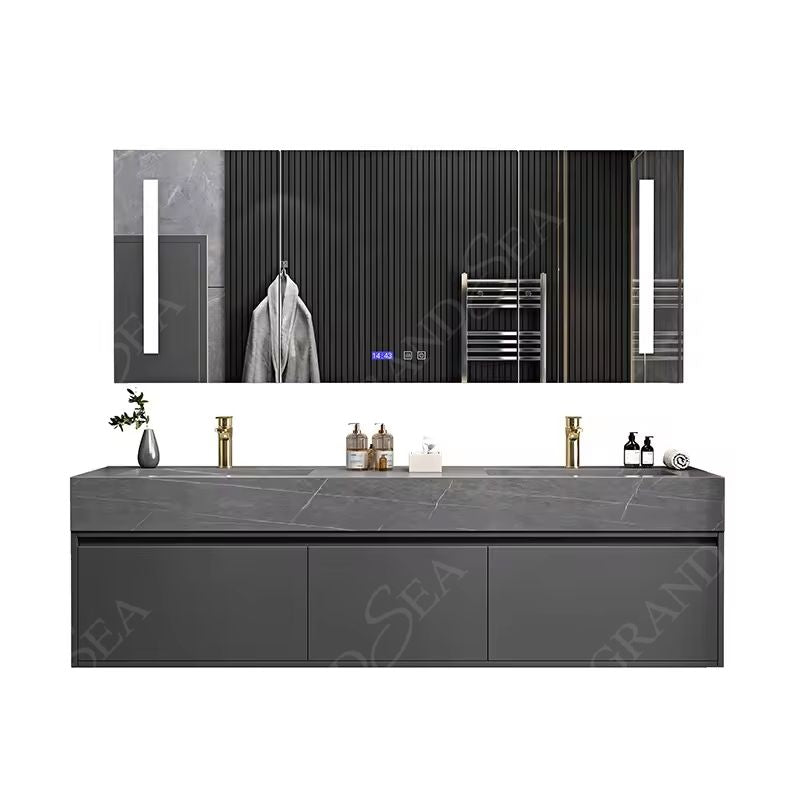 European Style Hot Selling Washroom Floating Slate Countertop Double Basin Bathroom Vanity