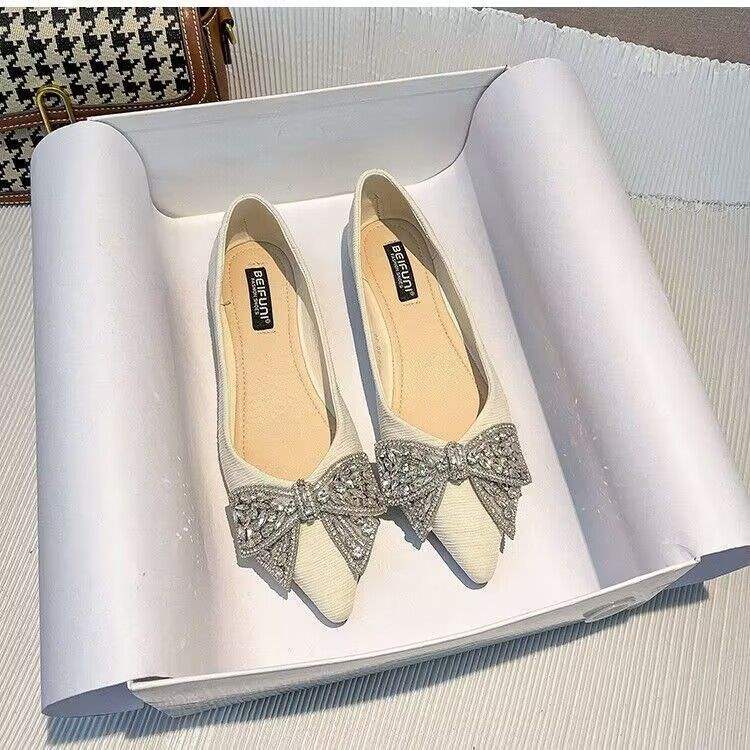 Pointed Toe Women's Single Shoes2025Spring and summer new style rhinestone bowknot soft sole versatile elegant flat loafers
