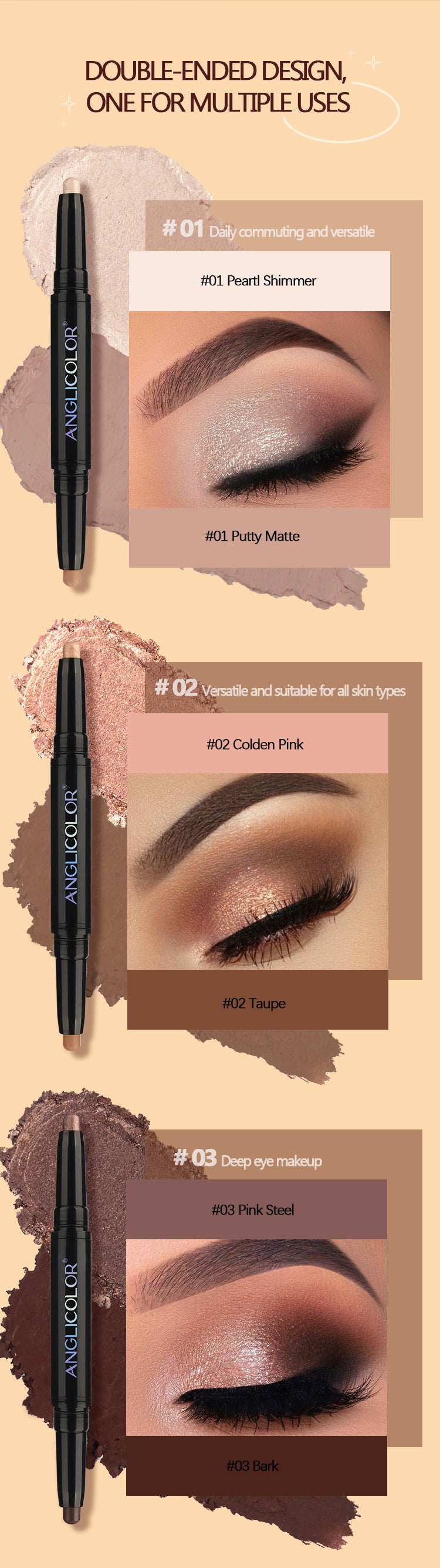 Double-Ended Eyeshadow Stick Long-Lasting Easy to Apply Rotating Fine Shimmer Eyeshadow Pen Highlighter Aegyo-sal Brightening Pen