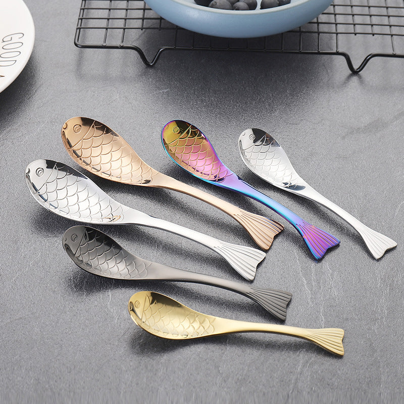 304Stainless Steel Spoon Cooking Restaurant Spoon Pickled Fish Spoon Cartoon Spoon PVD Titanium-plated Colorful Fish Tail Cute Spoon