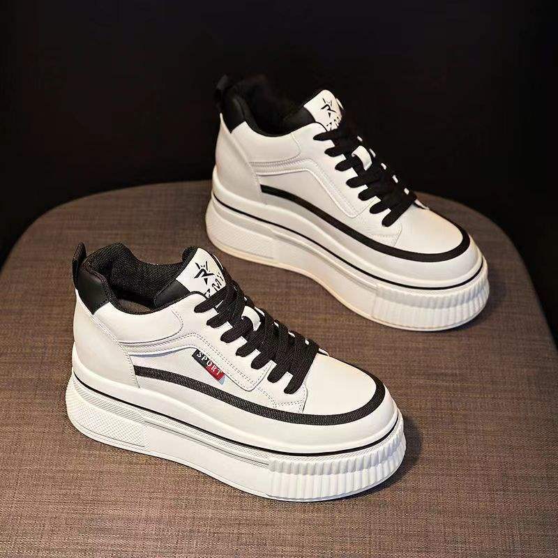 Campus Style Height Increasing Shoes for Women, Spring and Autumn New Slimming Wedge White Slip-On Casual Shoes