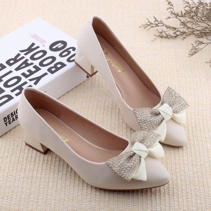 2025Spring Korean Style New Shallow Mouth Chunky Heel Youth French High Heels Fashionable Bowknot Elegant Single Shoes