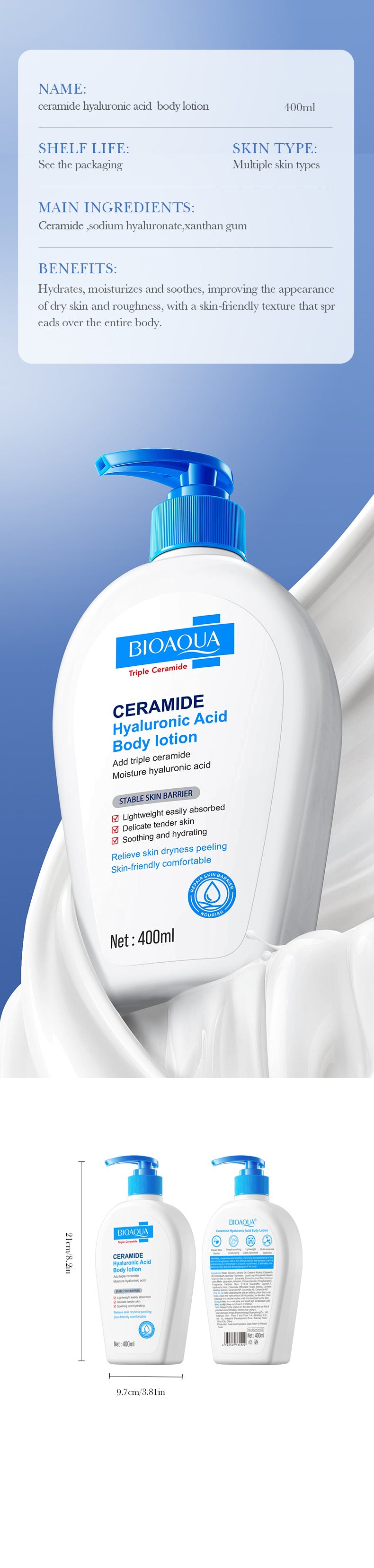 Ceramide Moisturizing Body Lotion BIOAOUA Hyaluronic Acid Moisturizing Body Lotion Cross-Border Wholesale