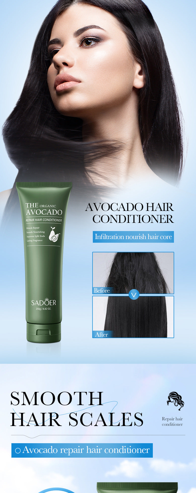 Avocado Smooth Conditioner250g SADOER Cross-border foreign trade wholesale of frizz improvement conditioner