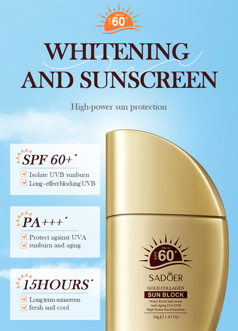 SPF60+Sunscreen30g SADOER Gold Collagen Protective Isolation Cross-Border Wholesale