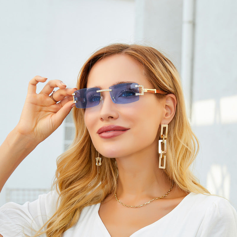 Imitation Wood Grain Leg Retro Sunglasses for Men Fashion Trend Diamond-Studded Rimless Sunglasses Men's Sun Protection Square Frame Glasses Street Style