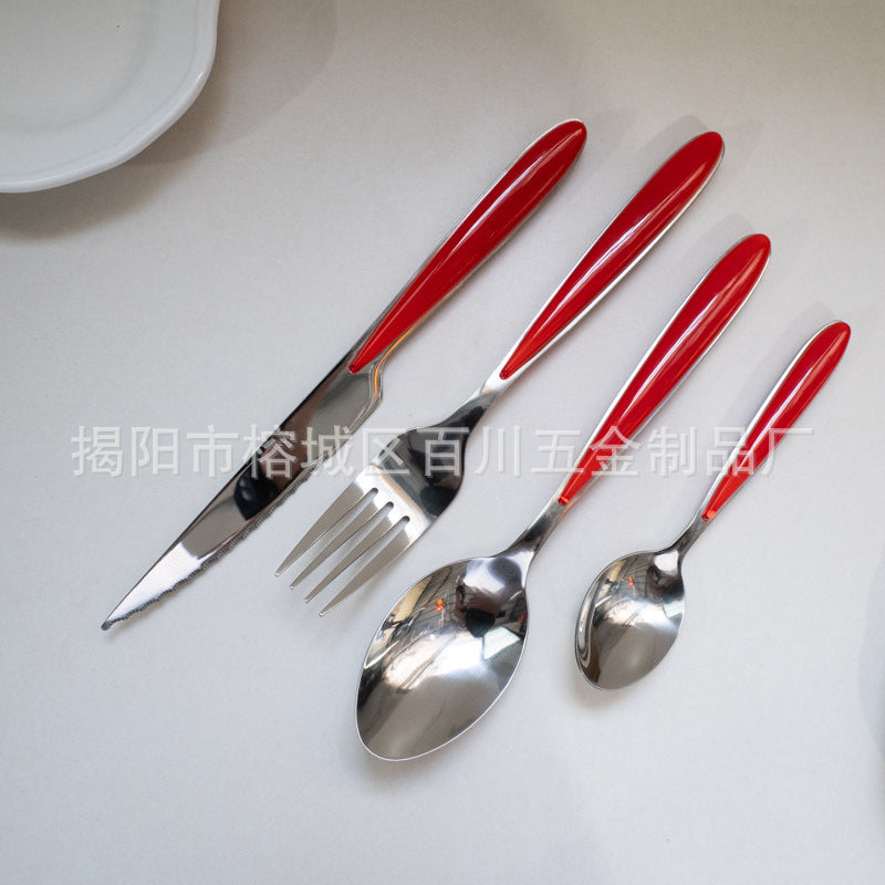 18/10Western Cutlery Set Stainless Steel Knife Fork Spoon Dopamine Color Long Handle Spoon High Aesthetic Home Use
