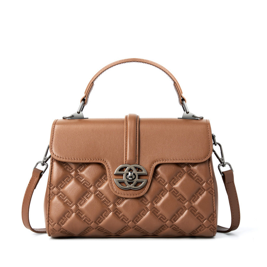 Lingge New Fashion Women's Bag Top Layer Cowhide Large Capacity Versatile Trendy Single Shoulder Crossbody Bag Genuine Leather Light Luxury Handbag