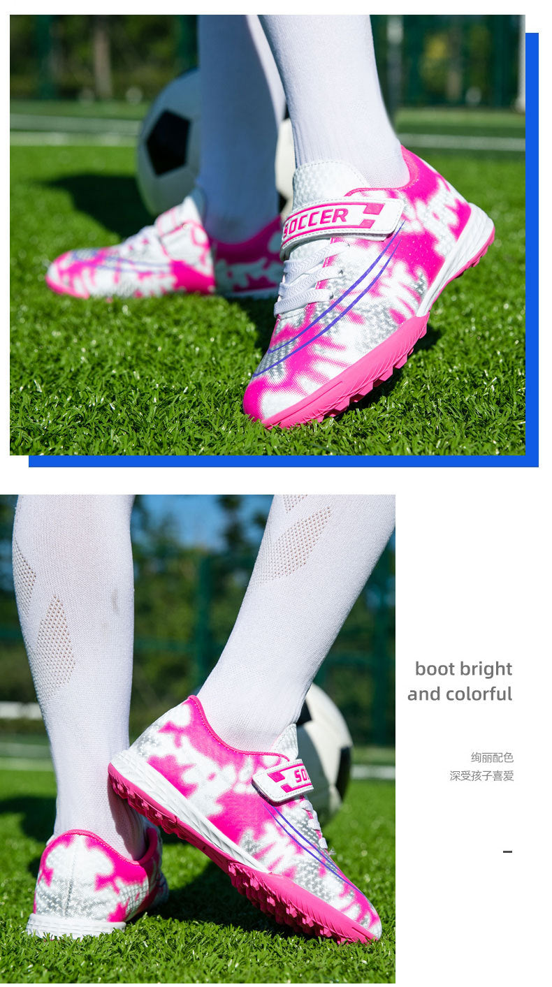New Football Shoes for Men and Women, Children's Low-top Anti-collision Spike Magic Tape No-tie Grass Training Sports Shoes