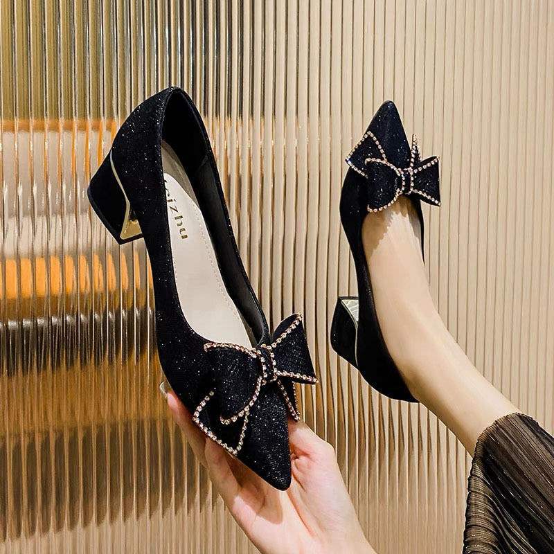 French style high heels with chunky heels and pointed toes for women2025New Spring and Autumn Style Elegant Plus Size Women's Shoes Mid-Heel Wedding Shoes